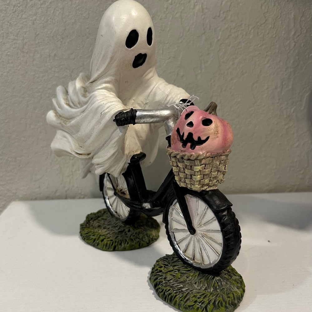 Goblin & Ghoul Ghost Riding Bike with Pink Pumpkin in Basket